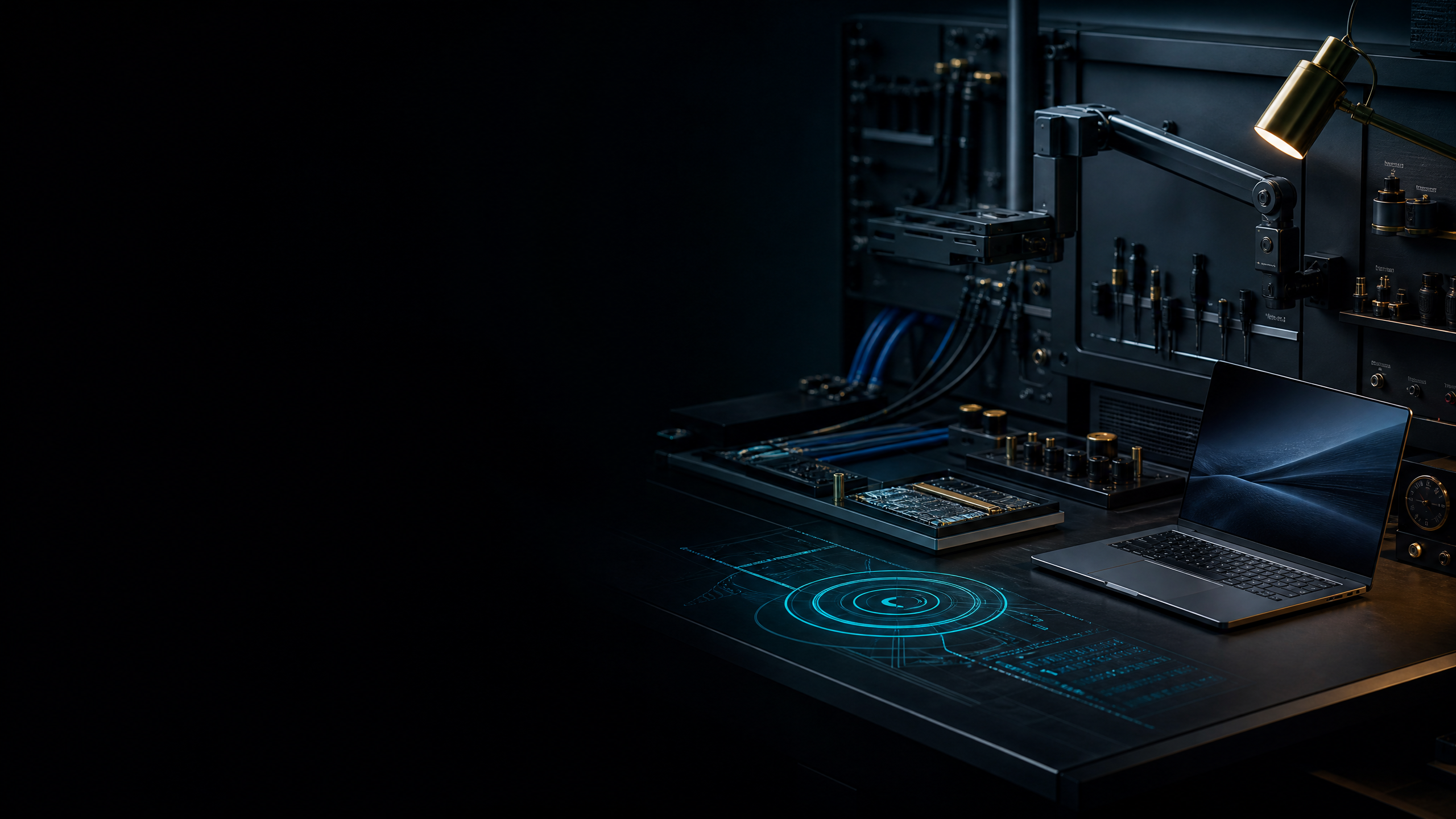 Futuristic software diagnostic workspace
